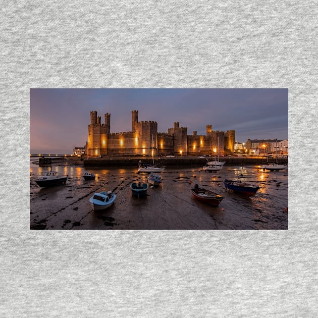 Caernarfon Castle After Sunset With Boats by TonyNorth